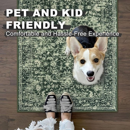 KILOCOCO Area Rug 3x5 Entryway Rug Washable Printed Vintage Floral Rubber Backed Non Slip Indoor Kitchen Rugs for Living Room Laundry Room Playroom Mudroom Moroccan Area Rugs, Green