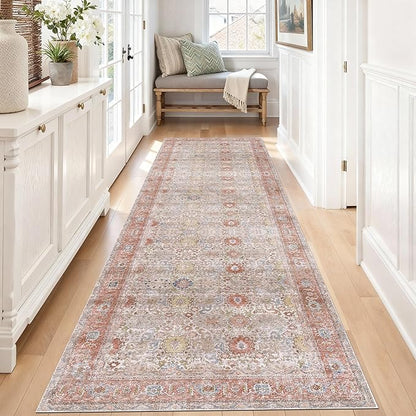 Kuden 2'6"x12 Runner Rug, Machine Washable Area Rug with Non-Slip Backing, Vintage Style, Soft, Easy Clean, Low Pile Rug for Hallway, Entryway, Kitchen, Bedroom