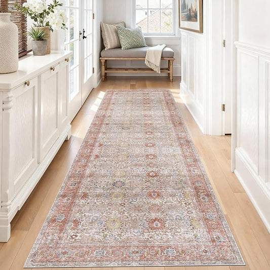 Kuden 2'6"x12 Runner Rug, Machine Washable Area Rug with Non-Slip Backing, Vintage Style, Soft, Easy Clean, Low Pile Rug for Hallway, Entryway, Kitchen, Bedroom