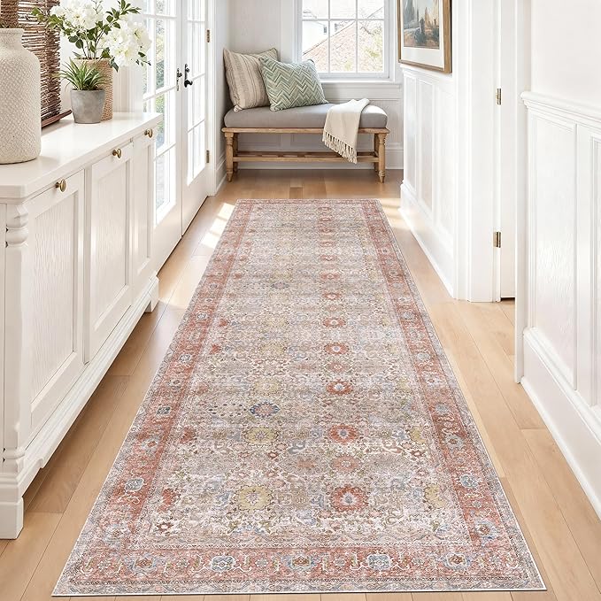 Kuden 2'6"x10 Runner Rug, Machine Washable Area Rug with Non-Slip Backing, Vintage Style, Soft, Easy Clean, Low Pile Rug for Hallway, Entryway, Kitchen, Bedroom