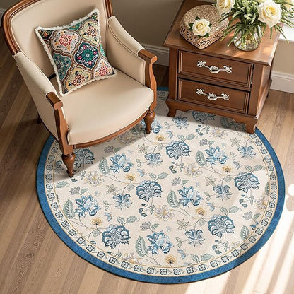 jinchan Elora 4ft Floral Round Rug for Entryway Washable Kitchen Rug Vintage Romance Design Non Slip Indoor Doormat Lightweight Low-Profile Throw Carpet for Living Room Dining Room Bedroom, Blue/Beige