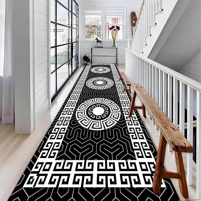 Modern Black White Geometric Kitchen Rug, 4x10ft, Greek Key Meander Design Entrance Rugs, Easy Clean Low Pile Washable Carpet, Soft Foldable No Crease Carpets for Porch Family
