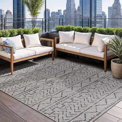 Beverly Rug Waikiki Indoor Outdoor Rug 5x7, Washable Outside Carpet for Patio, Deck, Porch, Trellis Area Rug, Water Resistant, Dark Grey - Light Grey