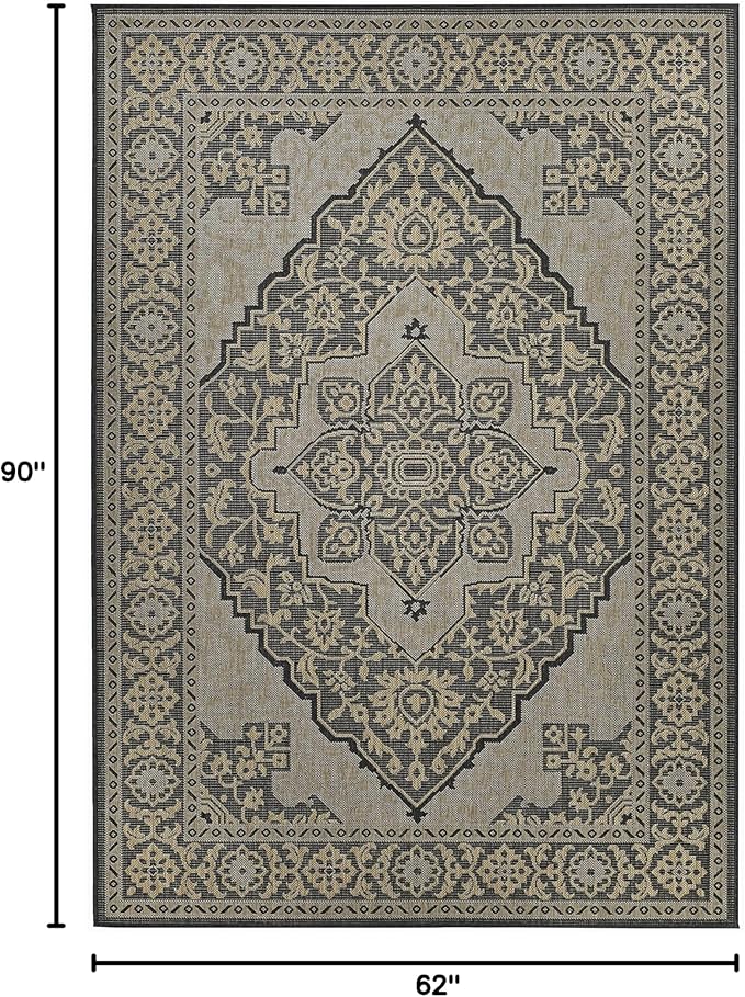 FH Home Flat Woven Outdoor Rug - Waterproof, Easy to Clean, Stain Resistant - Premium Polypropylene Yarn - Vintage - Patio, Porch, Deck, Balcony - Ankara - Charcoal - 5ft 4in x 7ft 6in