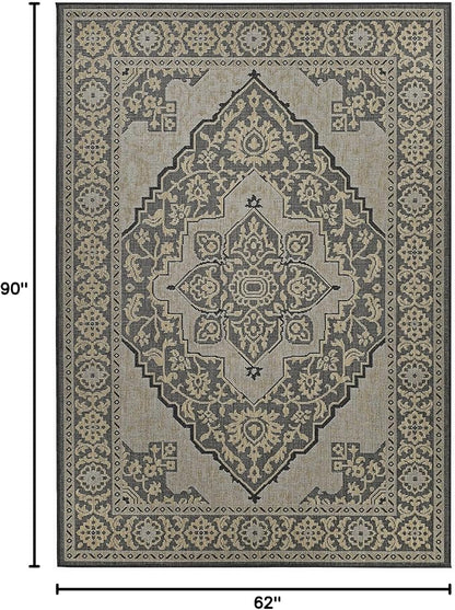 FH Home Flat Woven Outdoor Rug - Waterproof, Easy to Clean, Stain Resistant - Premium Polypropylene Yarn - Vintage - Patio, Porch, Deck, Balcony - Ankara - Charcoal - 5ft 4in x 7ft 6in