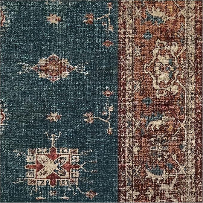 RUGGABLE Washable Vintage Area Rug – Verena Teal Blue 6x9, Stain-Resistant, Non-Slip – Medium Machine Washable Rugs for Living Room, Bedroom, Hallway, Entryway & Office–with Standard Pad