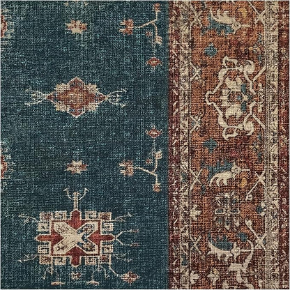 RUGGABLE Washable Vintage Area Rug – Verena Teal Blue 6x9, Stain-Resistant, Non-Slip – Medium Machine Washable Rugs for Living Room, Bedroom, Hallway, Entryway & Office–with Standard Pad