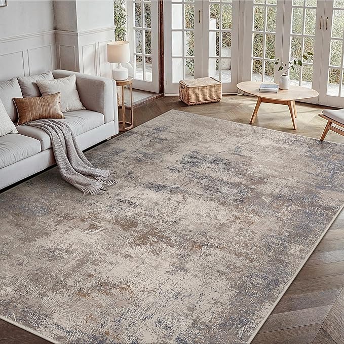 GENIMO Washable 8x10 Area Rugs for Living Room, Non Slip Modern Abstract Rug, Machine Washable Stain Resistant Low Pile Soft Carpet for Bedroom, Dining, Office,Grey Beige