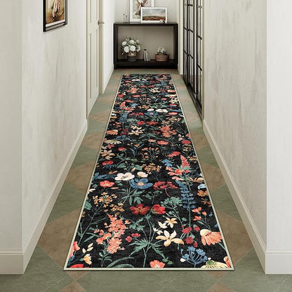 Floral Runner Rug 3x12 Washable Hallway Long Black Bedroom Carpet Non Slip Indoor Boho Kitchen Low Pile Accent Rug Lightweight Soft for Bathroom Dining Laundry Living Room