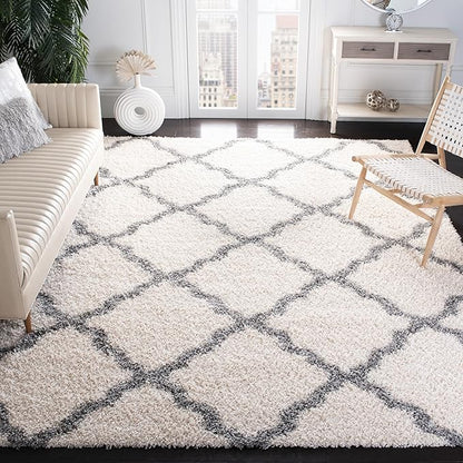 SAFAVIEH Dallas Shag Collection Area Rug - 10' x 14', Ivory & Grey, Trellis Design, Non-Shedding & Easy Care, 1.5-inch Thick Ideal for High Traffic Areas in Living Room, Bedroom (SGD257F)