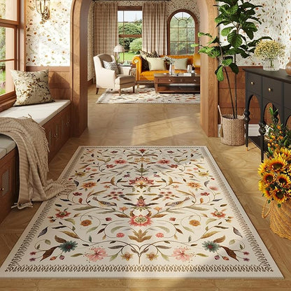 Vintage Medallion Floral 4x6 Rug, Machine Washable Non-Slip Area Rug, Low Pile Soft Carpet for Entry, Living Room, Office, Kids, Girl/Boys Room | Beige