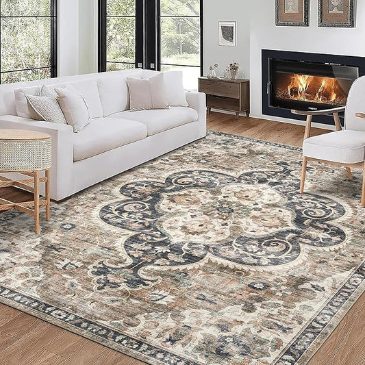 ReaLife Rugs Machine Washable Area Rug Runner - Living Room Bedroom Bathroom Kitchen Entryway Office - Padded Low Pile Stain Resistant Premium - Boho Farmhouse Vintage - Joy - Brown Beige 3' x 5'