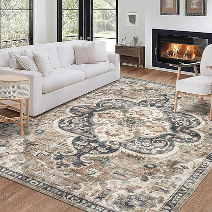 ReaLife Rugs Machine Washable Area Rug - Living Room Bedroom Bathroom Kitchen Entryway Office - Padded Low Pile Stain Resistant Premium - Boho Farmhouse Vintage - Joy - Brown Beige 4' x 6'