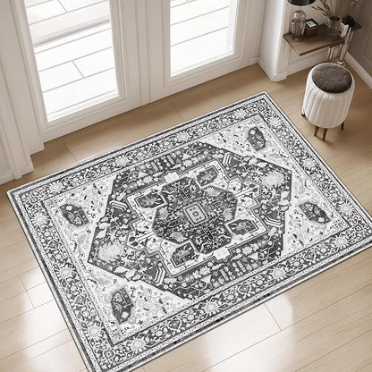 EnHomee 3x5 Washable Area Rugs for Bedroom, Boho Vintage Rugs, Foldable Area Rug for Dining Room, Non-Slip Soft Living Room Rug, Low Pile Large Carpet for Bathroom, Grey