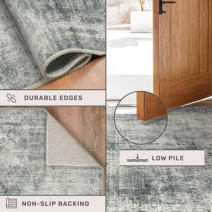 5x8 Large Entryway Rug Washable - Dark Blue and Gray Rug for Mudroom, Foyer, Hall, Living Room, Washable Low Pile Stain Resistent Slate Blue Décor