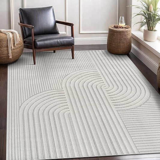 CAMILSON Modern Rug 8x10 Luxury Swirl Curved Micro Loop Area Rugs Soft High-Low Pile Stain Resistant Easy to Clean Non-Shedding Durable Living Room Bedroom Indoor Carpet (White)