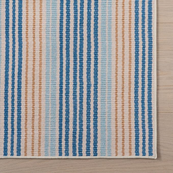 Dash & Albert Tyne Blue Machine Washable Rug, 6 X 9 Feet, Blue/Tan Stripe Pattern