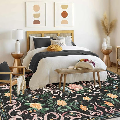 Black Rug Bow Floral 8x10 Rug, Washable Area Rugs for Bedroom Living Room, Dining Room,Kids Room, Office,Playroom, Boho Modern Aesthetic Farmhouse Decor Non Slip Low Pile Carpet