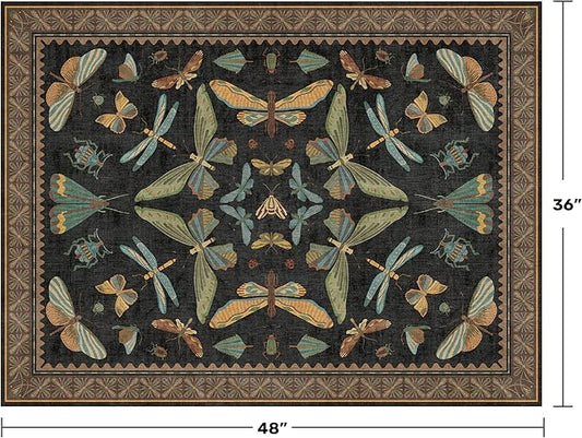 Black Front Door Mat Indoor Entrance Non Slip Washable - 3x4 Throw Rug for Kitchen, Mudroom, Bedroom Bedside, Insect Boho Vintage Aesthetic Décor