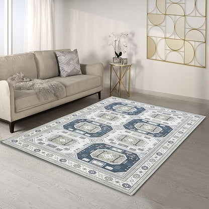 Fame Living Faded Oushak Rug, Turkish Vintage Floral Pastel Large Oversized Area Rugs for Living Room Dining Bedroom Kitchen Bathroom Nursery (848CrNv, 5' x 6'9")