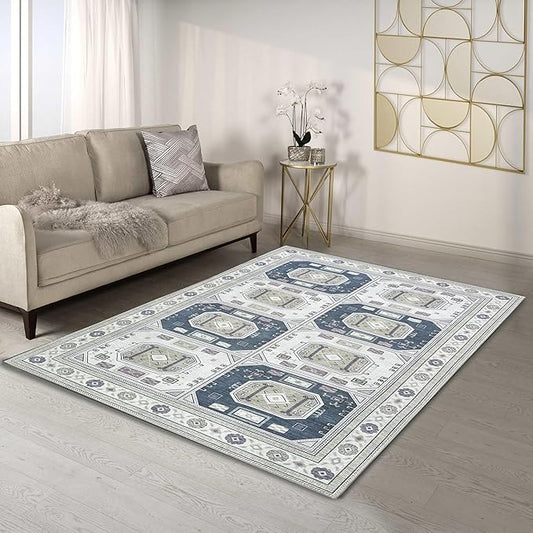Fame Living Faded Oushak Rug, Turkish Vintage Floral Pastel Large Oversized Area Rugs for Living Room Dining Bedroom Kitchen Bathroom Nursery (848CrNv, 9' x 12')