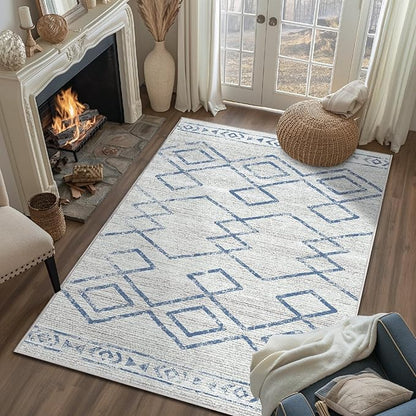 jinchan 3x5 Area Rugs for Entryway - Machine Washable Modern Rug Kitchen Soft Faux Wool Stain Resistant Non-Slip Ultra-Thin Low-Pile Geometric Carpet for Entrance Bedroom Living Room (3x5ft,Blue)