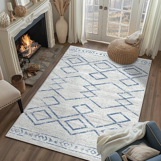 jinchan 3x5 Area Rugs for Entryway - Machine Washable Modern Rug Kitchen Soft Faux Wool Stain Resistant Non-Slip Ultra-Thin Low-Pile Geometric Carpet for Entrance Bedroom Living Room (3x5ft,Blue)