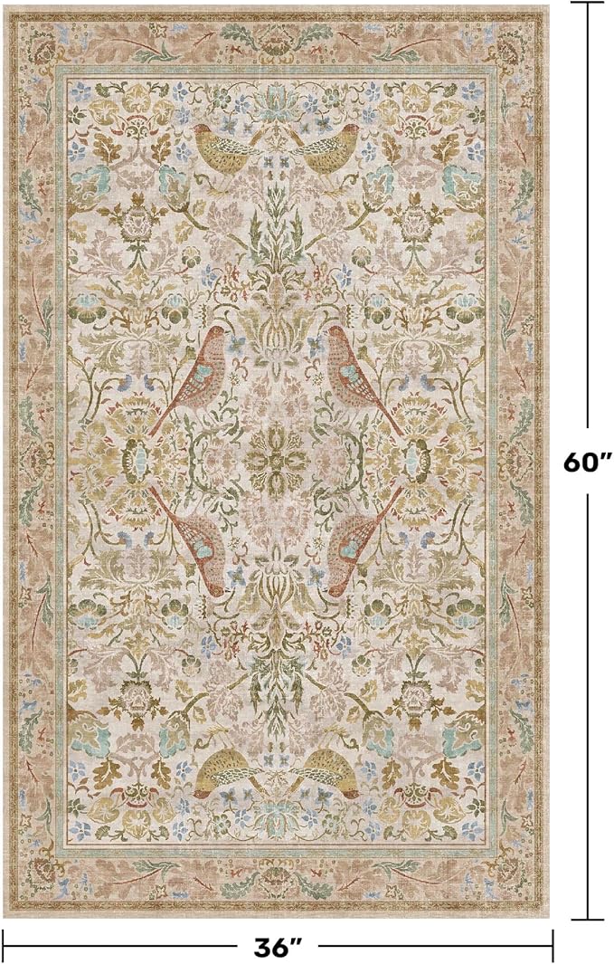 Large Entryway Rugs Indoor - Beige 3x5 Washable Rugs for Kitchen Bedroom Beside Bed Door Mat Indoor Entrance with Light Beige Woodland Flowers, Non Slip Stain Resistant Low Pile