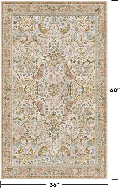Large Entryway Rugs Indoor - Beige 3x5 Washable Rugs for Kitchen Bedroom Beside Bed Door Mat Indoor Entrance with Light Beige Woodland Flowers, Non Slip Stain Resistant Low Pile