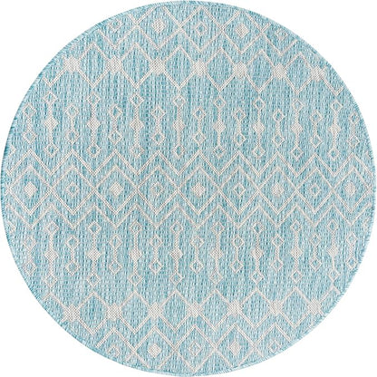 Unique Loom Outdoor Trellis Collection Area Rug - Tribal Trellis (3' 3" Round, Aqua/ Ivory)