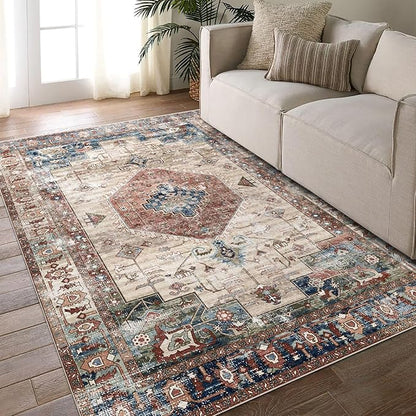 vivorug 9x12 Area Rugs for Living Room, Non Slip Machine Washable Vintage Rug, Ultra-Thin Lightweight Large Area Rug for Bedroom, Dining Room, Low Pile Brown