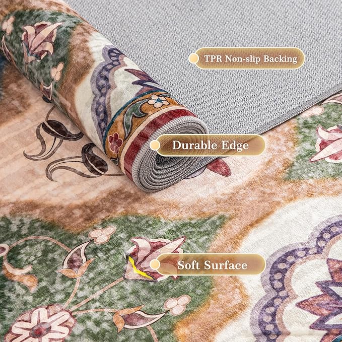 EnHomee 8x10 Area Rug, Soft Washable Rugs for Living Room Bedroom, Boho Non Slip Low Pile Stain Resistant Washable Rug Large Area Rugs for Dining Room,Easy to Clean Living Room Rug, Red & Green