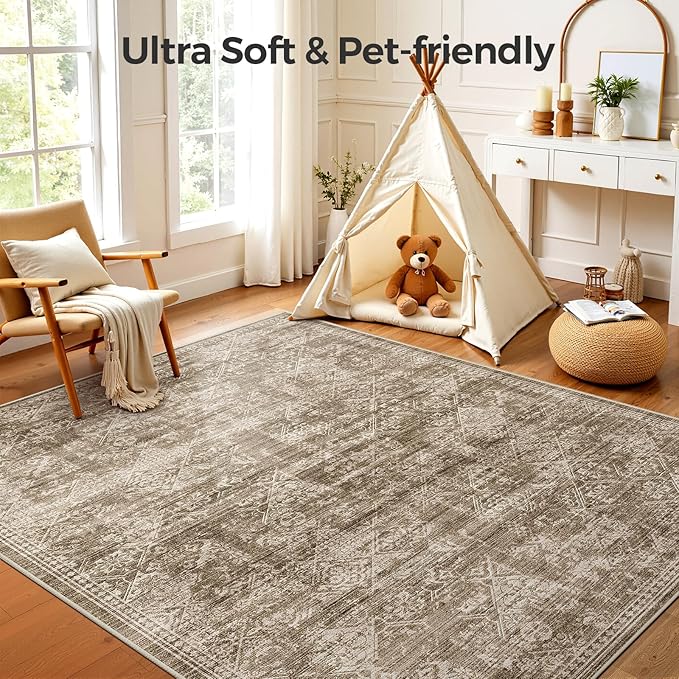 WITSHOCK 9x12 Area Rugs for Living Room: Machine Washable Non Slip Modern Abstract Carpet - Low Pile Print Rug for Bedroom Dining Room - Stain Resistant for Household - Pet Owners (Earthy Brown)