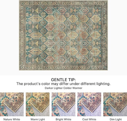 Bavni Washable Rug 5x7 Area Rug for Living Room Bedroom Dining, Washable Vintage Print Carpet, Ultra-Thin Low Pile Lightweight Rug with Non Slip Backing, Multi Green