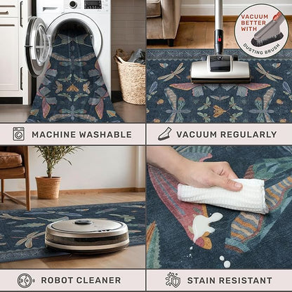 5x7 Navy Blue Boho Rugs for Living Room, Stain Resistant Non Slip Area Rug for Dining Room, Whimsical Bedroom Insect Carpet, Dark Vintage Décor Indoor, Low Pile & Soft