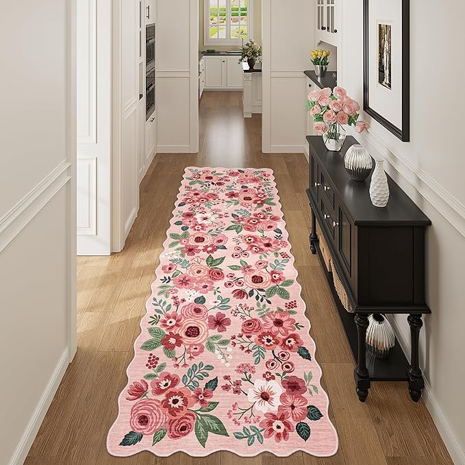 DUKINO 2.6x8 Runner Rug for Hallway, Washable Kitchen Rug with Non Slip Backing & Non-Shediing, Soft Low Pile Floral Design Runner for Bedroom, Kithchen, Living Room, Laundry, Bathroom, Pink