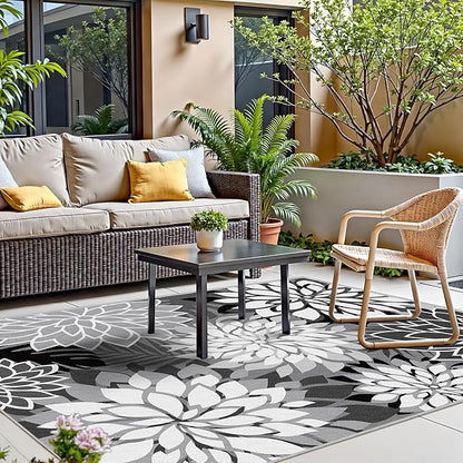 6x9 Outdoor Area Rug Washable Multicolored Patio Rug Tropical Botanical Floral Chenille Waterproof Outdoor Carpet Non-Slip for Patio, Deck, Backyard, Porch, Black