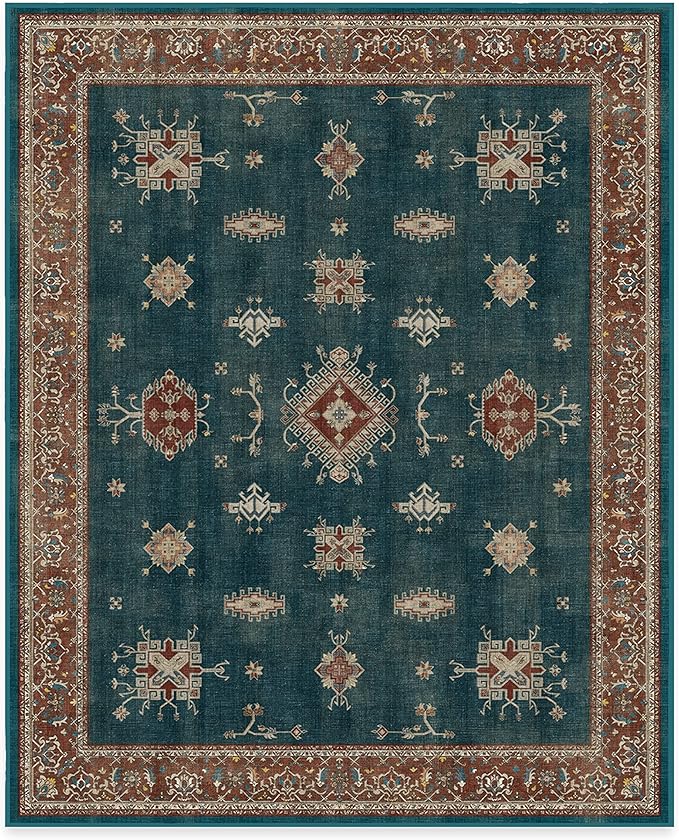 RUGGABLE Washable Vintage Area Rug – Verena Teal Blue 8x10, Stain-Resistant, Non-Slip – Large Machine Washable Rugs for Living Room, Bedroom, Hallway, Entryway & Office–with Standard Pad