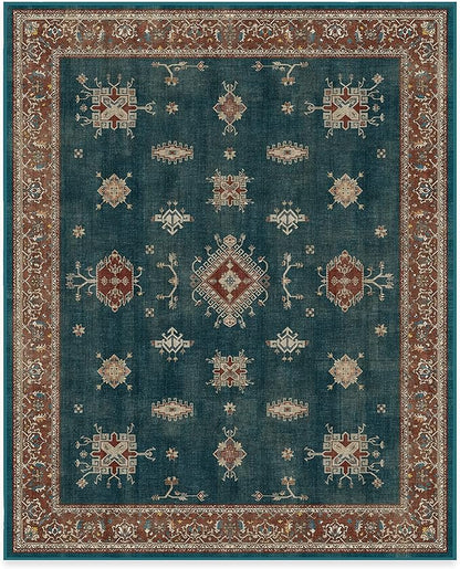 RUGGABLE Washable Vintage Area Rug – Verena Teal Blue 8x10, Stain-Resistant, Non-Slip – Large Machine Washable Rugs for Living Room, Bedroom, Hallway, Entryway & Office–with Standard Pad