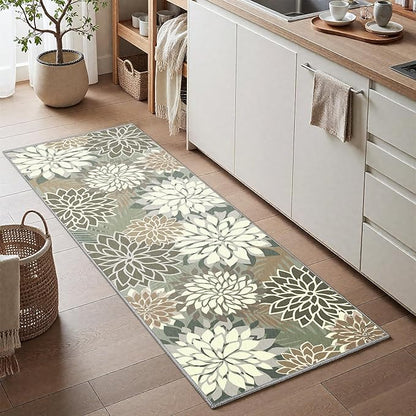 2x6 Washable Runner Rug for Hallway Tropical Botanical Modern Floral Chenille Kitchen Rugs Low Pile Non Slip Carpet for Patio, Bedroom, Laundry, Taupe