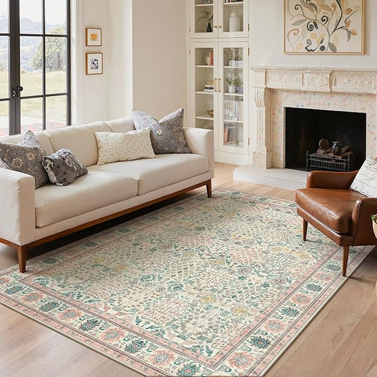 Bavni Area Rugs for Living Room, 5x7 Area Rugs Non-Slip Washable，Ultra-Thin Aesthetic Boho Rug for Bedroom Dinning Room Office, Pink