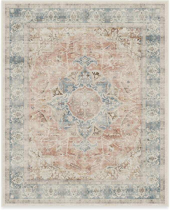 RUGGABLE Washable Vintage Area Rug – Sarrah Coral 8x10, Stain-Resistant, Non-Slip – Large Machine Washable Rugs for Living Room, Bedroom, Hallway, Entryway & Office–with Cushioned Pad