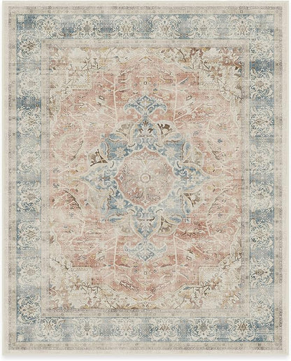 RUGGABLE Washable Vintage Area Rug – Sarrah Coral 8x10, Stain-Resistant, Non-Slip – Large Machine Washable Rugs for Living Room, Bedroom, Hallway, Entryway & Office–with Cushioned Pad
