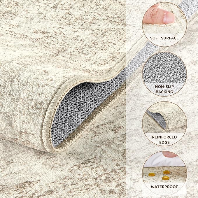 7x9 Area Rug Living Room Rugs - Washable Neutral Modern Abstract Soft Thin Rug Indoor Floor No Slip Rug Carpet for Bedroom Under Dining Table Home Office Decor - Beige/Brown