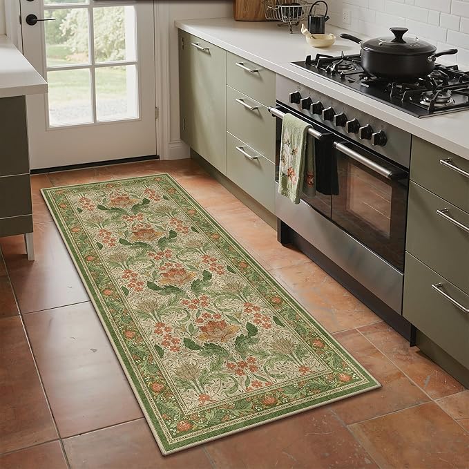 Bavni 2'6''x6 Runner Rug,Microfiber Washable Non-Slip Vintage Floral Rugs,Low Pile Lightweight Carpet for Bedroom,Hallway,Entryway,Kitchen,Bathroom, Sage Green & Burnt Orange