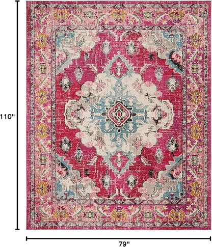 SAFAVIEH Monaco Collection Area Rug - 6'7" x 9'2", Pink & Multi, Boho Chic Medallion Distressed Design, Non-Shedding & Easy Care, Ideal for High Traffic Areas in Living Room, Bedroom (MNC243D)