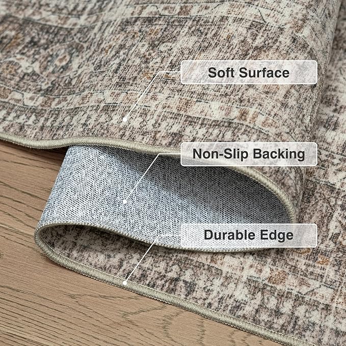 FMFUNCTEX 9x12 Washable Area Rug Vintage Neutral Distressed Large Taupe Non Slip Carpet for Living Room Bedroom Soft Low Pile Indoor Mat Retro Floral Throw Rug for Dining Room Kitchen Office Nursery