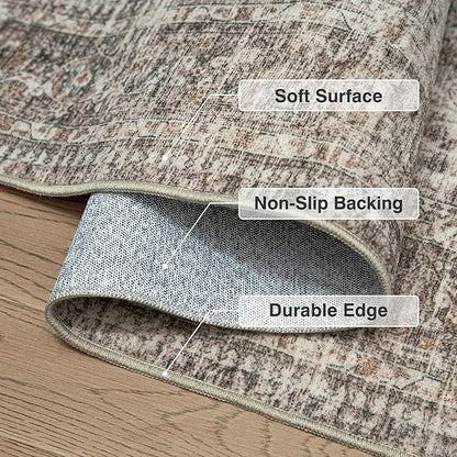 FMFUNCTEX 9x12 Washable Area Rug Vintage Neutral Distressed Large Taupe Non Slip Carpet for Living Room Bedroom Soft Low Pile Indoor Mat Retro Floral Throw Rug for Dining Room Kitchen Office Nursery