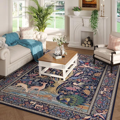 Rugcomf 8x10 Area Rugs Vibrant Tree of Life-Patterned Vintage Washable Area Rug Non Slip Low Pile Large Rug for Bedroom Farmhouse Dining Room Kids Playroom, Blue