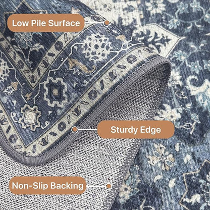GENIMO 6x9 Area Rugs for Living Room, Machine Washable Non Slip Vintage Rugs, Low Pile Lightweight Chenille Print Rug for Bedroom, Dining Room, Home Office, Center Blue